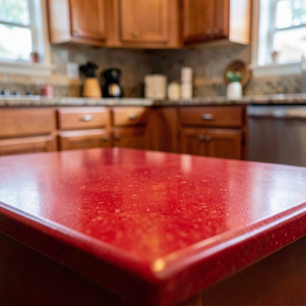 Close-up of stone countertop texture beside cabinetry edge, warm beige and grey tones