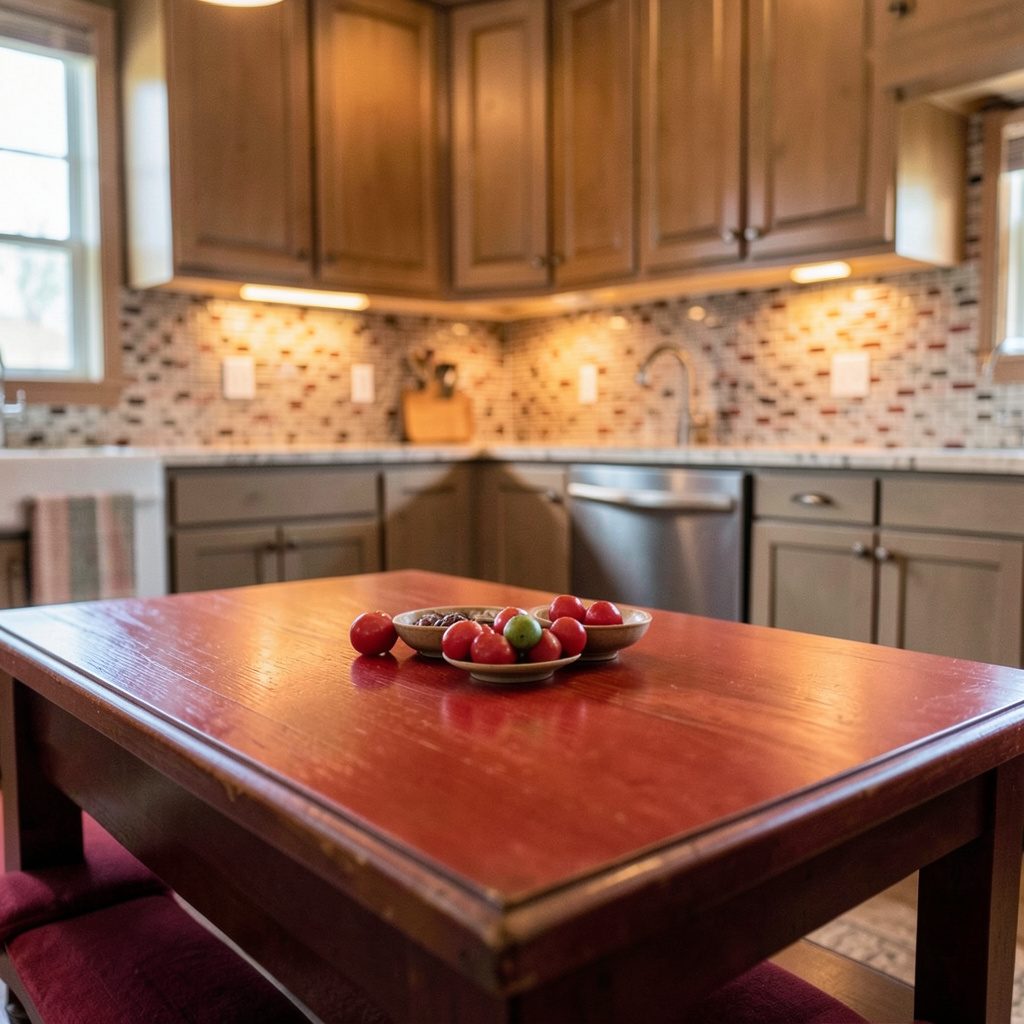 Close-up of pale wood-grain cabinet surface with warm undermount lighting casting a soft golden glow across the grain
