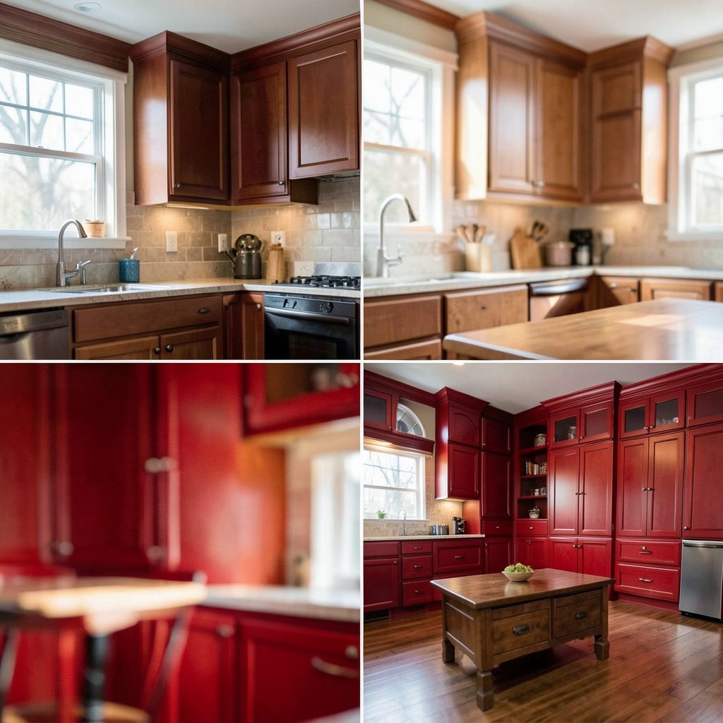 Soft-focus view of a refaced cabinet corner showing painted white face frames against warm oak side panels