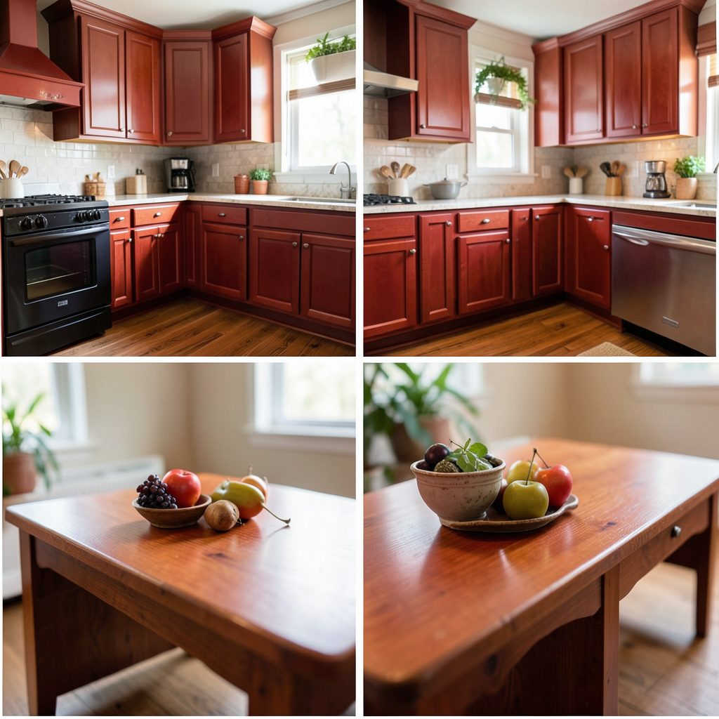 Close-up of warm wood cabinet grain with soft rust and amber tones, smooth hand-rubbed finish, gentle natural lighting